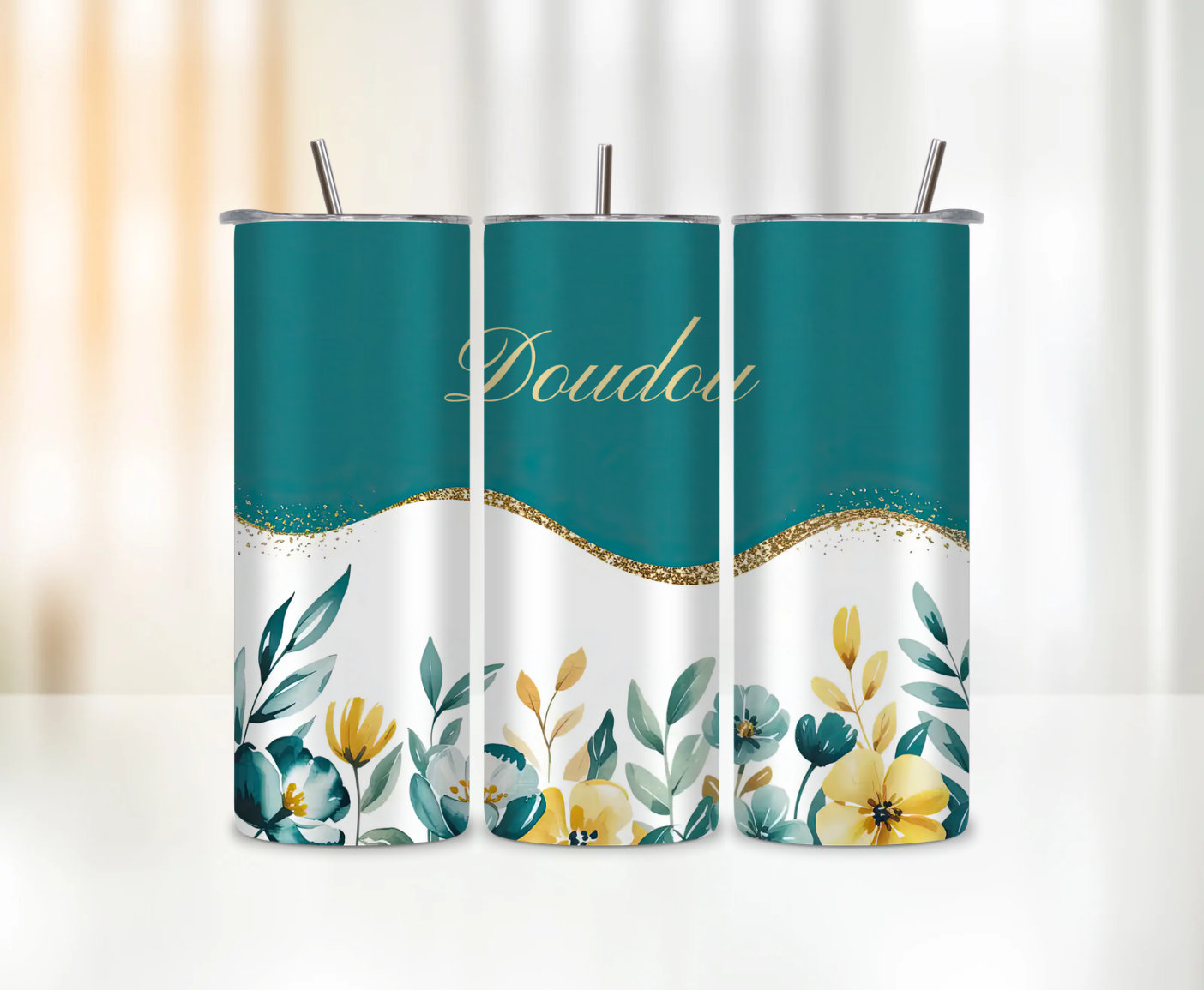 Fleurs bleues, paillettes & prénom 💐